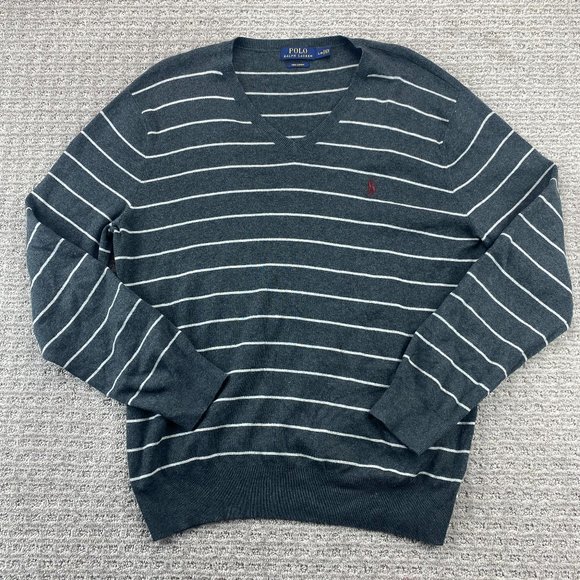 Polo Ralph Lauren Sweater Men Large L Gray White Striped Knit Pima Cotton Pony - Picture 1 of 7